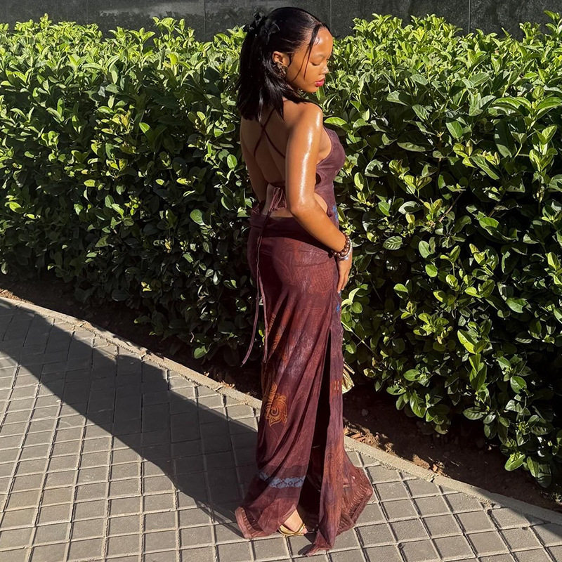 Elegant Womens Bodycon Maxi Dress Slim Fit Backless Spaghetti Straps Versatile Style Perfect for Outdoor Events