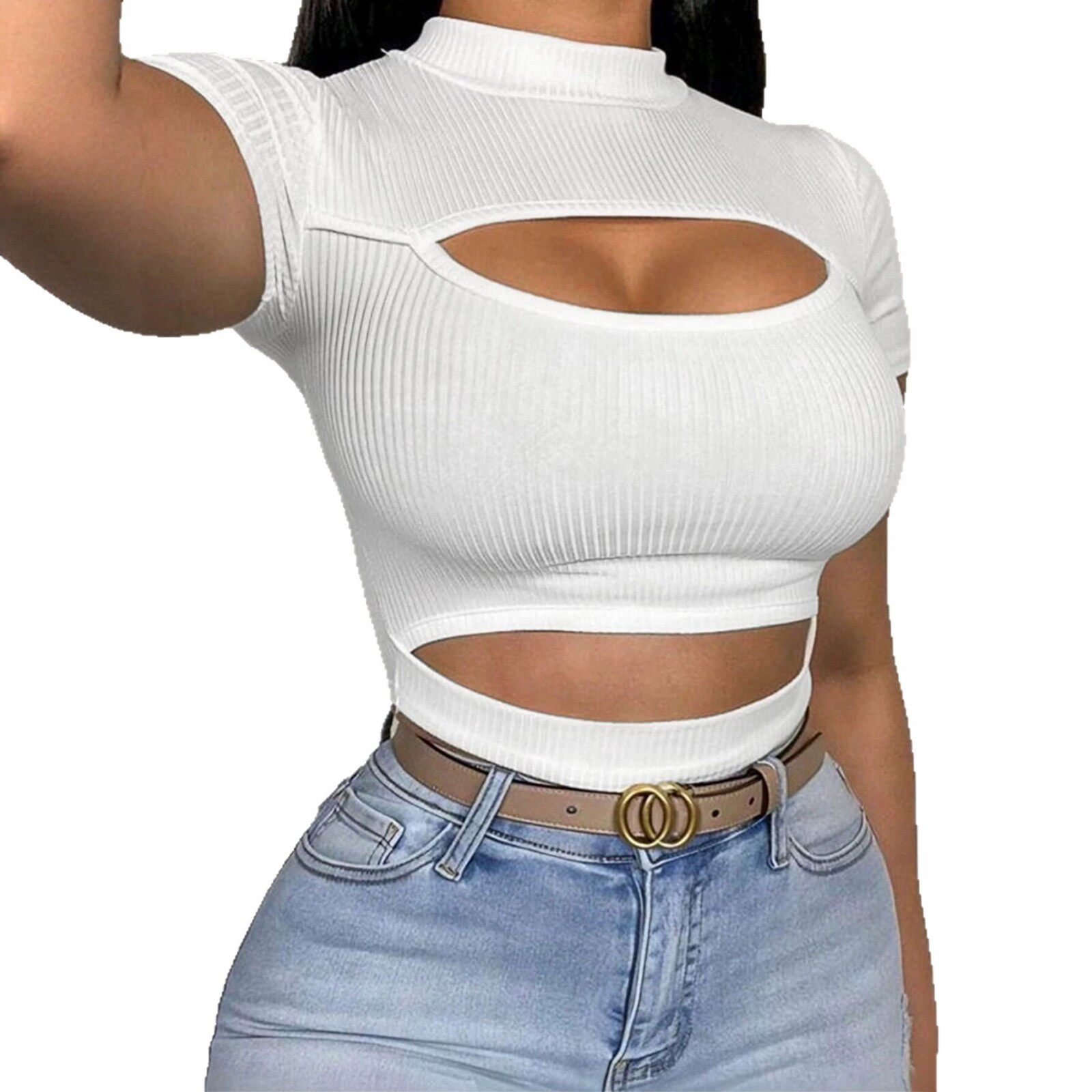 Womens Short Sleeve Knit T Shirt Half Turtleneck Slim Fit Hollow Out Design Summer Casual Wear Wholesale Available