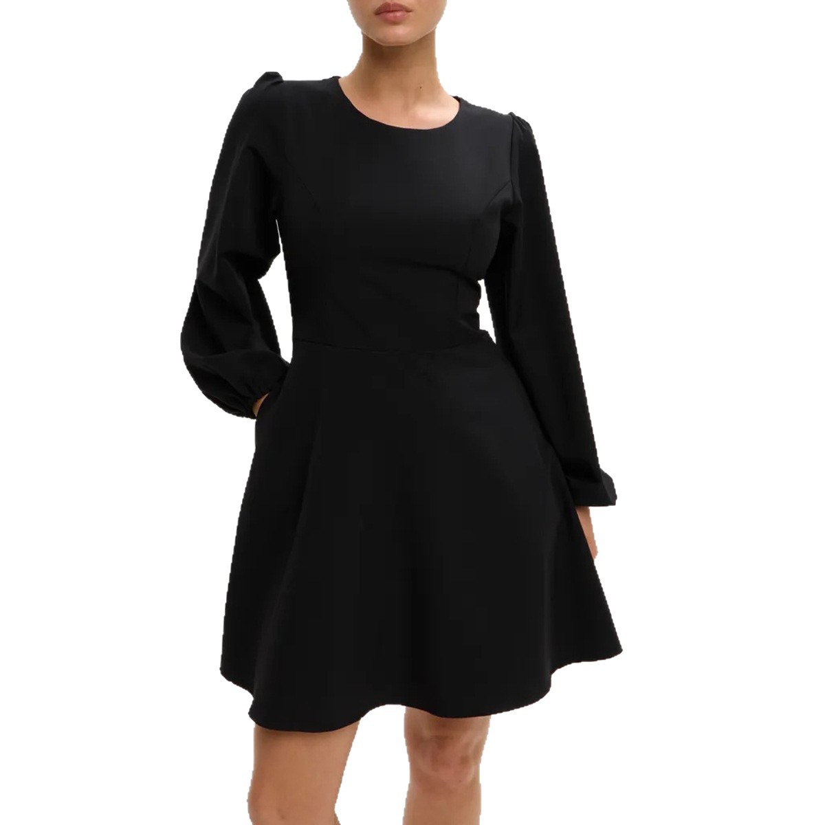 Womens A Line Dress Waist Defined Round Neck Pocketed Puff Long Sleeves Autumn Fashion Wholesale Available
