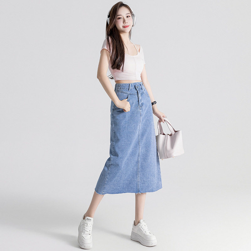 Fashionable High Waisted Denim Midi Skirt for Women Vintage Split Design A Line Silhouette Slim Fit Summer Casual