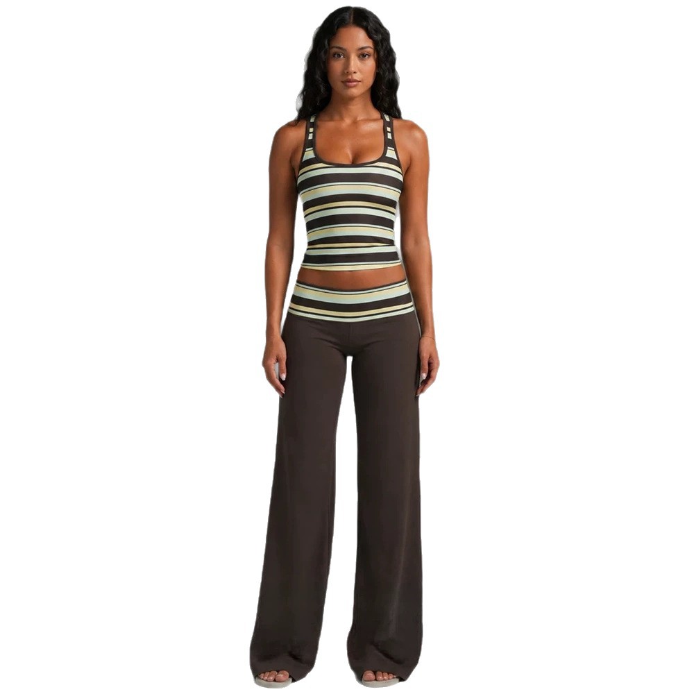 Sleeveless U Neck Striped Top and Long Pants Set Slim Fit Casual Style Summer Wear Wholesale Available