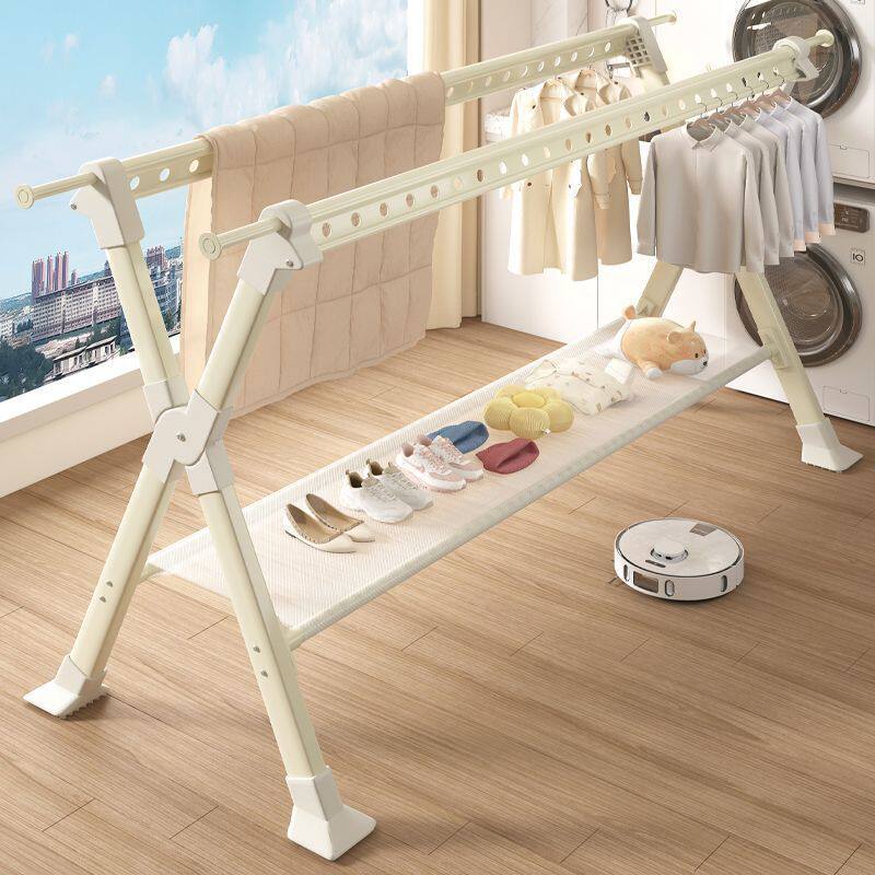 Balcony Clothes Drying Rack Floor-Standing Foldableing Indoor Household Double-Pole Telescopic Liftable Clothes Drying Rack Hanging X-Shaped Clothes Drying Rod