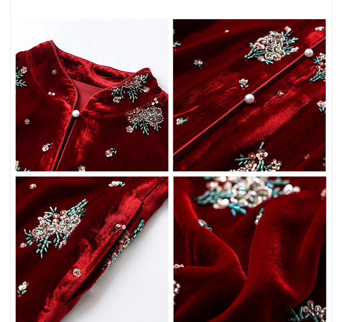 Áo sơ mi nữ lụa tơ tằm cổ đứng cài khuy kiểu cardigan thêu hoa — Dương Tây Đỏ (Giao Hàng Ngay)