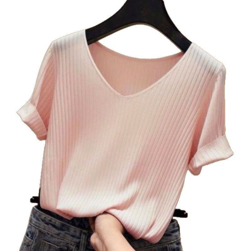 Womens Ice Silk Short Sleeve T Shirt Slim Fit V Neck Knitted Fabric Summer Casual Wear Wholesale Available