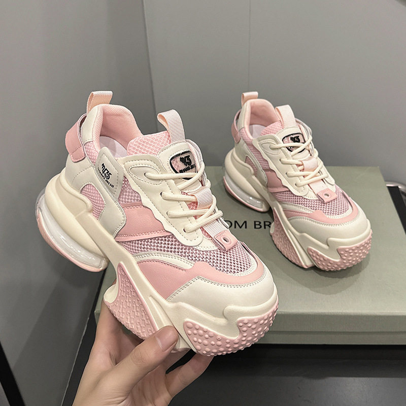 Giày sneaker nữ chunky đế dày da bò thật phối lưới thoáng khí, gót siêu cao 8 cm, tăng chiều cao — Trắng, đen, Xám, Hồng