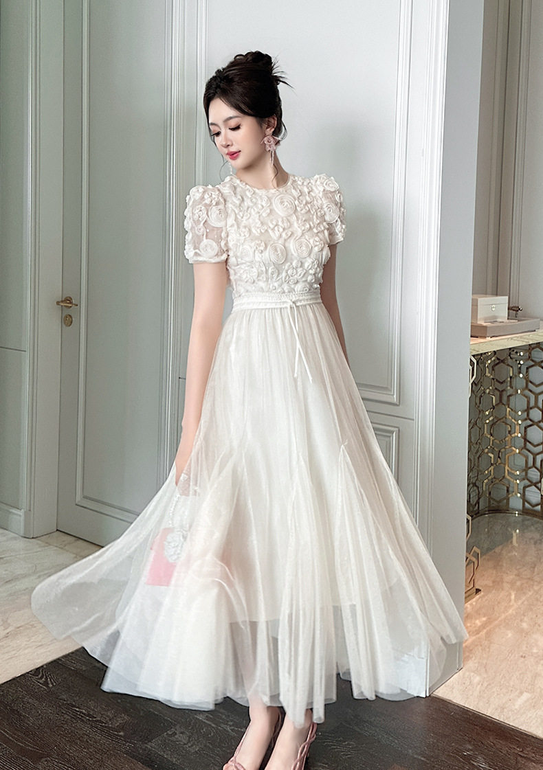 Đầm suông nữ tay ngắn cổ tròn chất liệu lưới voan phối ren nổi 3D — [Hồng], [Mơ] chi tiết 11