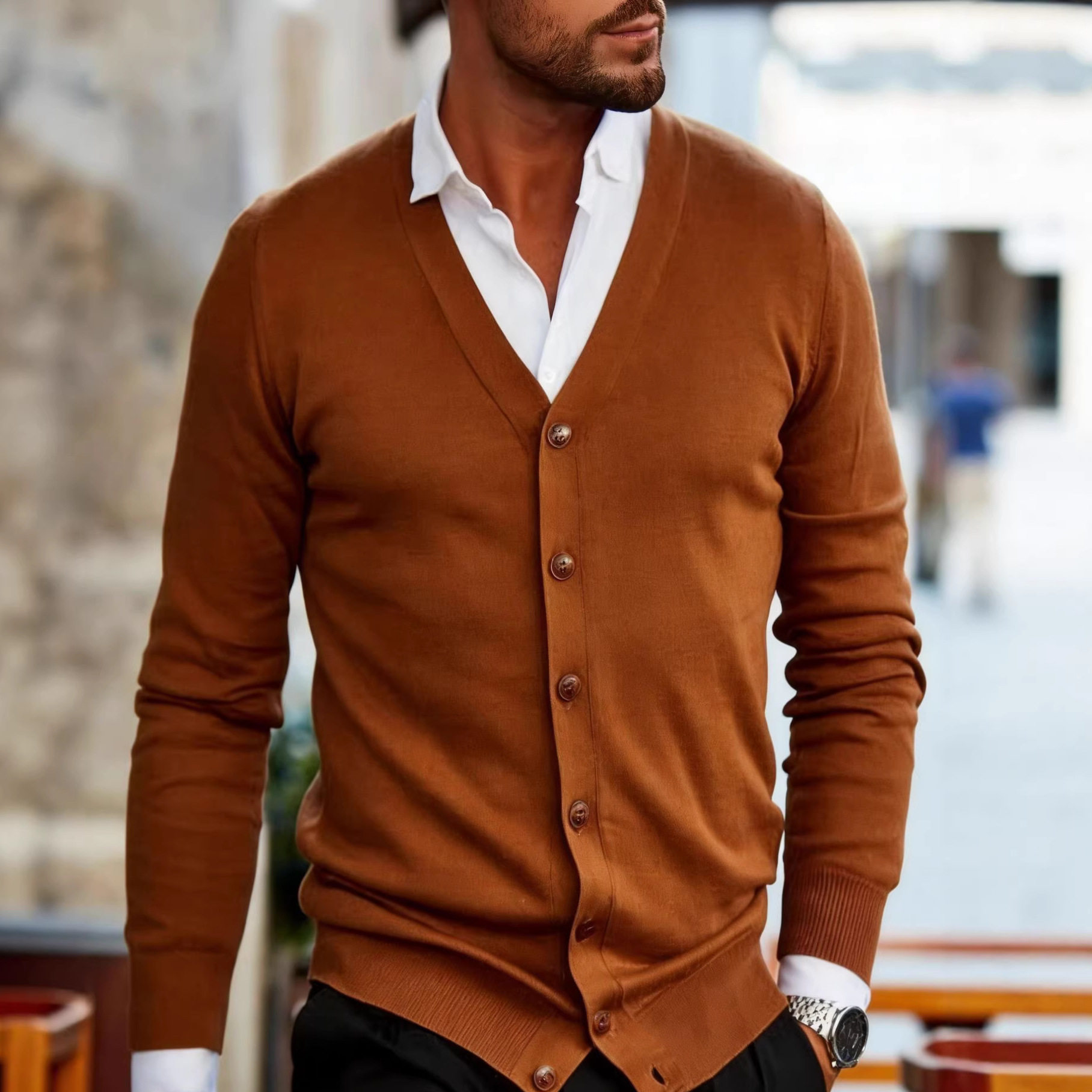 针织衫男款春秋新品休闲纯色男式针织开衫V领长袖毛衣男跨境现货