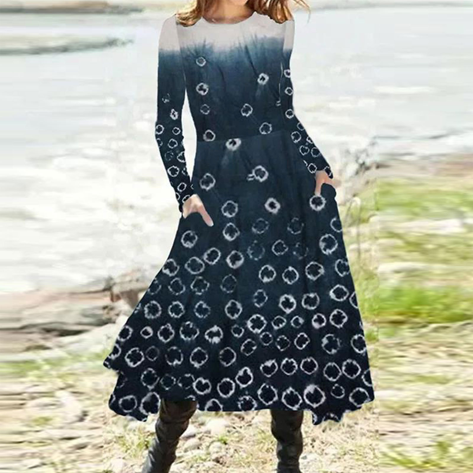 Long Sleeve Gradient Print Maxi Dress with Pockets for Fall Winter Wholesale in Various Sizes and Colors
