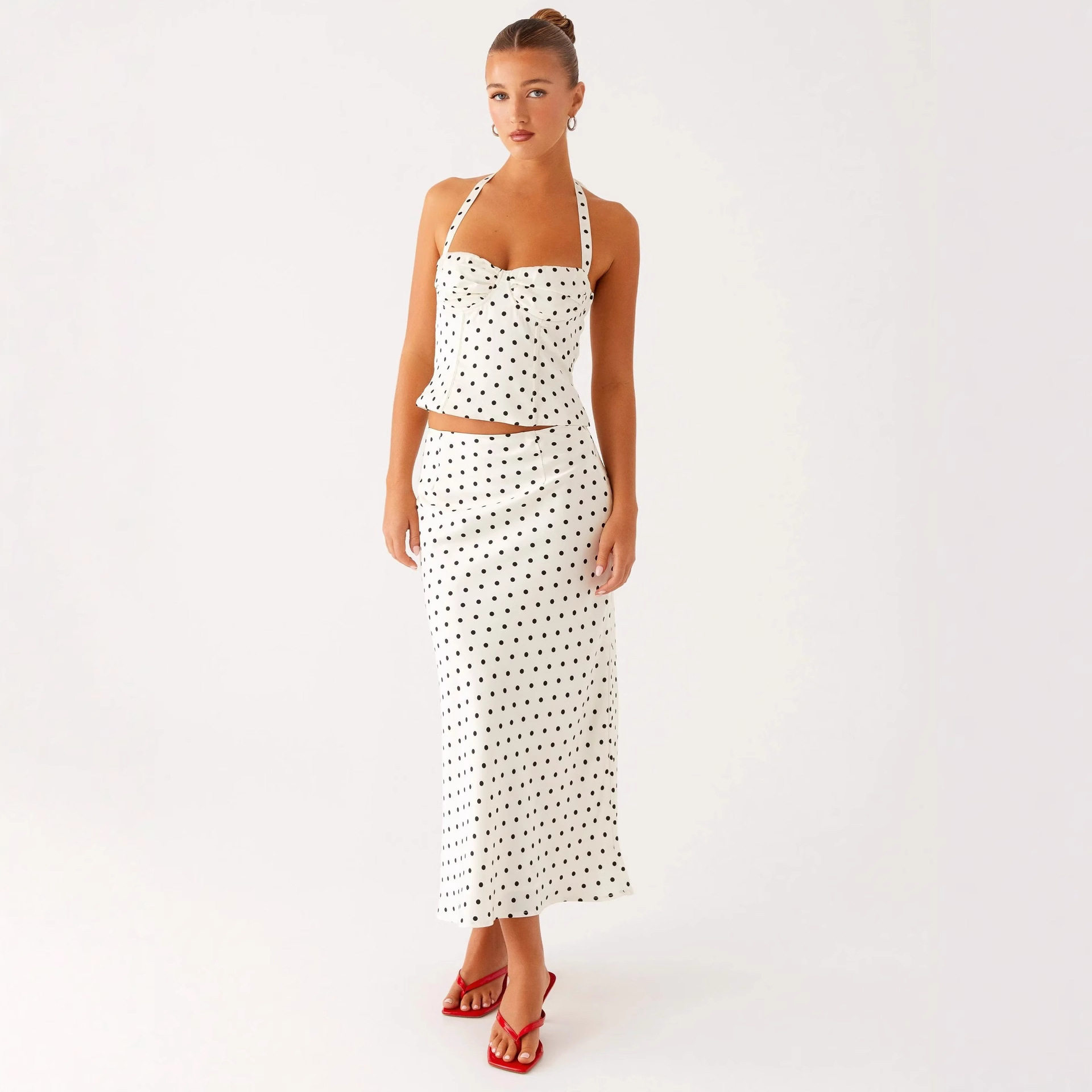2025 European and American Women's Summer New Polka Dot Fashion Sexy Backless V-Neck Halterneck Suspender High-Waisted Long Skirt Two-Piece Set