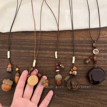 Wooden Front Tone Chinese Style Long Wax Rope Acorn Pendant Necklace New Chinese Zen Design Sweater Chain Accessories