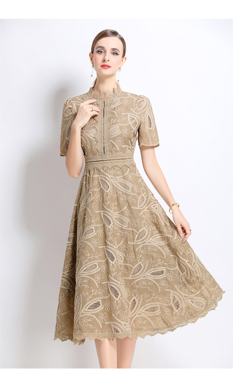 Elegant Short Sleeve Lace Dress for Women French Style Hollow Out Waist Defined High End Fashion Perfect for Formal
