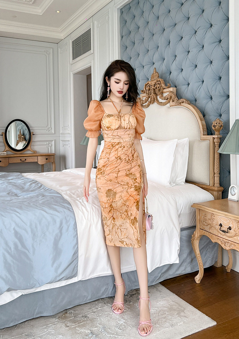 Đầm ôm body nữ dáng dài tay phồng cổ vuông phong cách Pháp — [Cam cổ điển] chi tiết 8