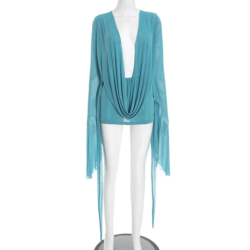 D25DS222 欧美跨境新款女装网纱荡领大摆长袖露背A字短袖连衣裙女