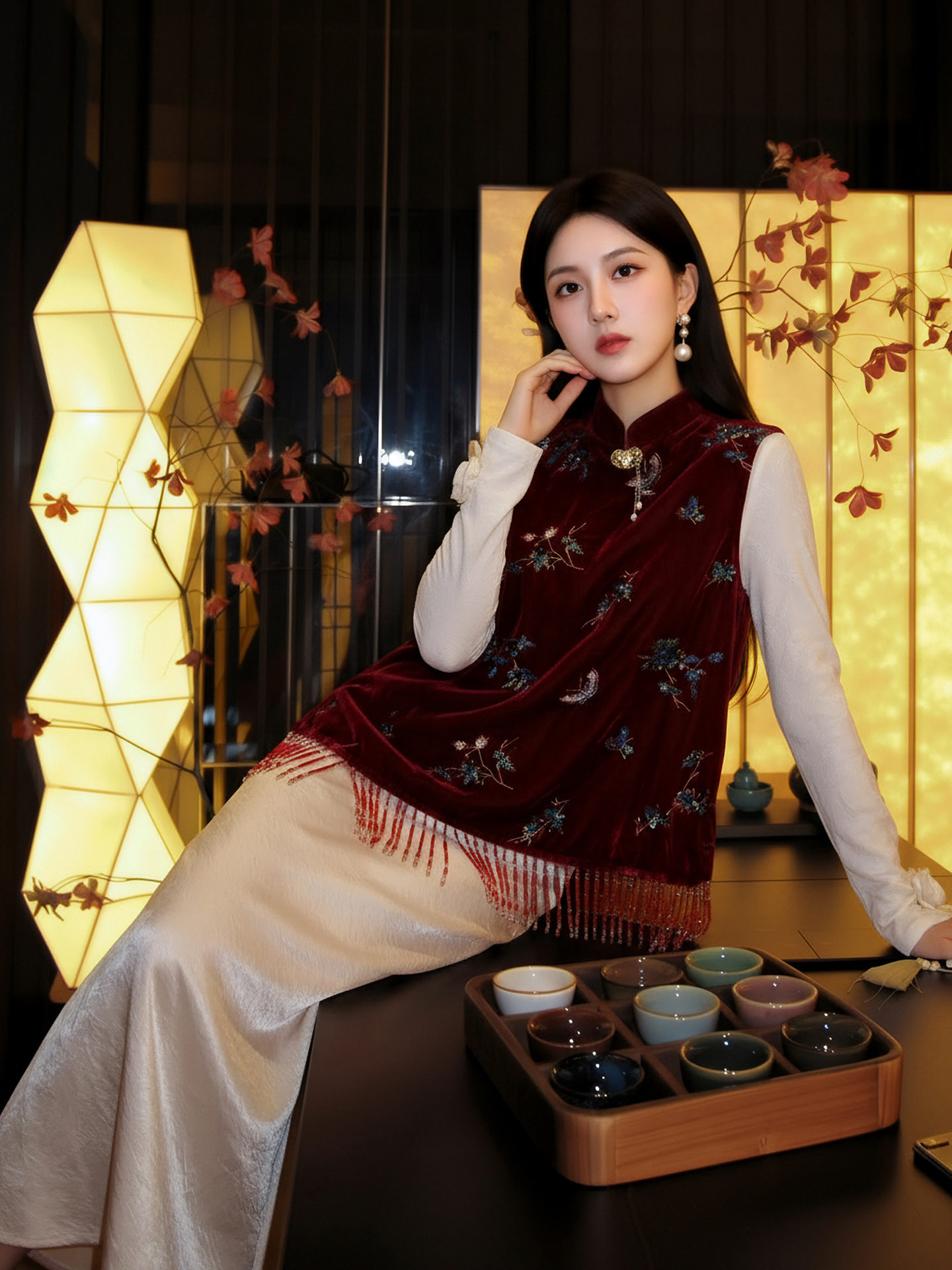 Autumn New Chinoiserie Suit for Women Red Embroidered Tassel Classy Vest Fashionable Elegant Skirt N9024