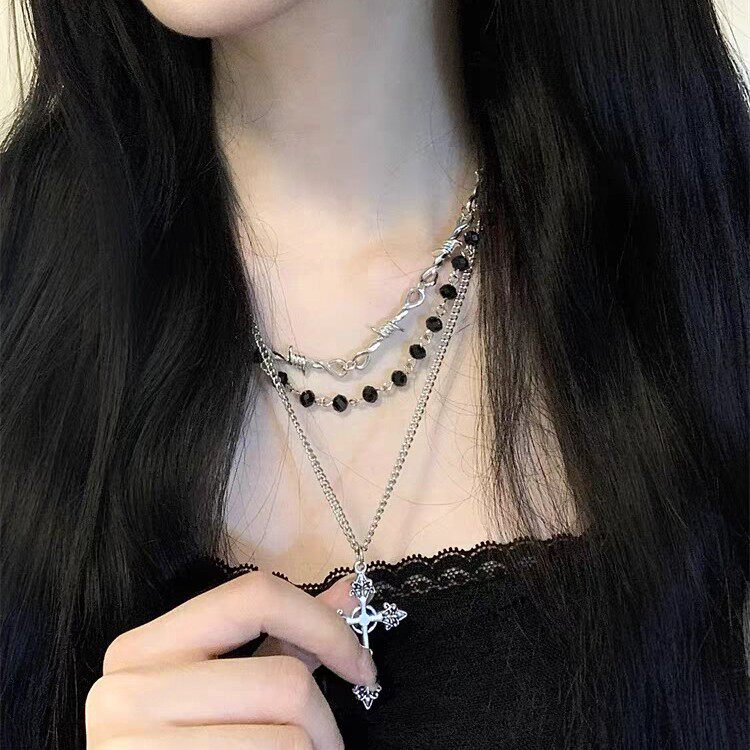 Gothic Punk Cross Stacked Necklace Women's Dark Sweet Cool Spice Girl Beaded Collarbone Chain Vintage Metal Necklace Chain