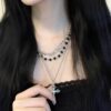 Gothic Punk Cross Stacked Necklace Women's Dark Sweet Cool Spice Girl Beaded Collarbone Chain Vintage Metal Necklace Chain