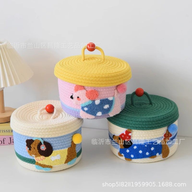 Woven Cotton Rope Storage Basket Cross-Border Cotton Thread Woven Basket Household Storage Basket with Lid Desktop Sundry Basket