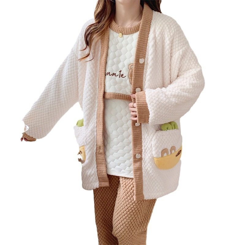 Warm flannel maternity pajamas autumn and winter three-piece confinement clothing coral fleece nursing postpartum homewear