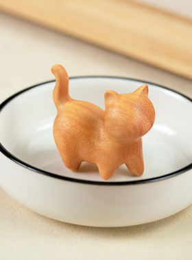 檀香木无脸猫桌面摆件创意悠闲猫木质工艺品 爱小猫咪公仔装饰品