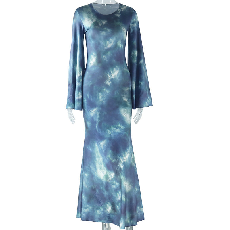 Elegant Flared Sleeve Dress Round Neck Ruffled Hem Floral Print Casual Chic for Women Wholesale Available