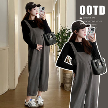 2024 spring new round neck bottoming T-shirt + Korean style loose slimming suspender pants pregnant women suit two-piece set