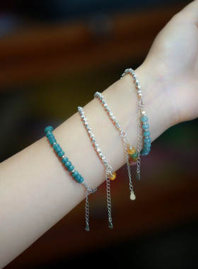 碎银子S925纯银手链水晶碧玺蜜蜡拼银珠串珠手串