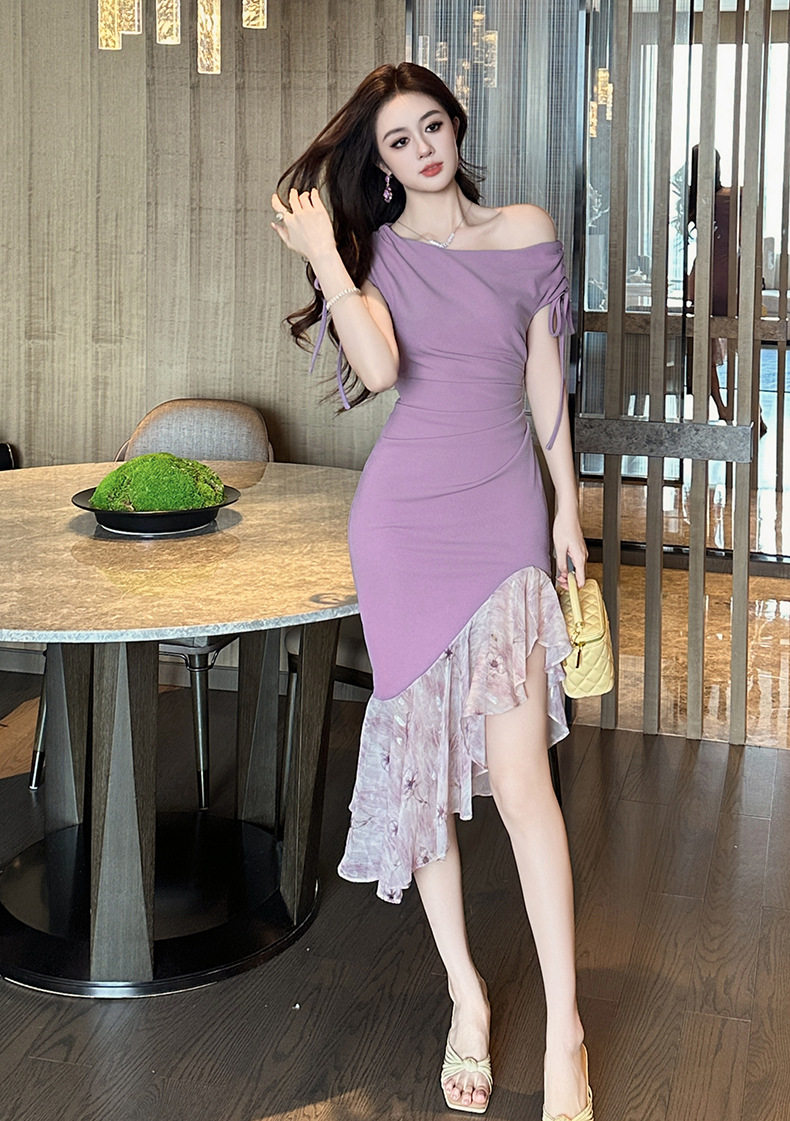 Đầm ôm body nữ dáng đuôi cá tay ngắn cổ yếm họa tiết hoa nhí — [Tím] chi tiết 5