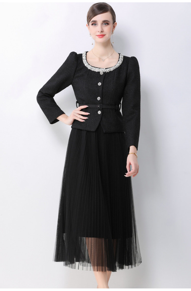 Chic Womens Suit Jacket Beaded Round Neck Waist Cinched Design High Waisted Tulle Pleated Skirt Elegant French Style