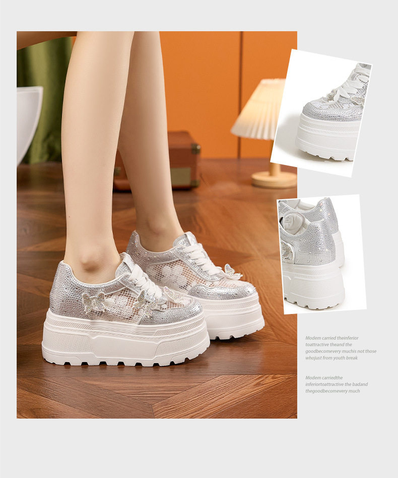Giày sneaker nữ chunky đế dày trắng phối dây buộc, form thể thao — Trắng, Bạc chi tiết 3