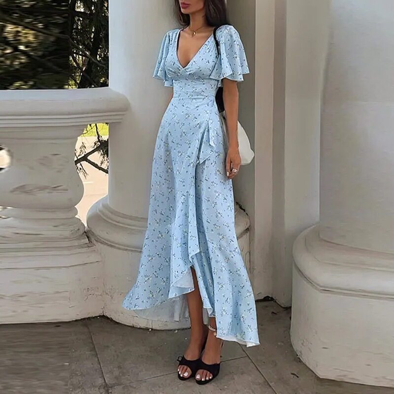 Womens Summer Dress Elegant Casual Style Plant Print Waist Defined Side Slit Perfect for Outdoor Events