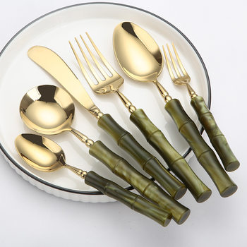 Light Luxury High-grade 304 Stainless Steel Knife and Fork Spoon Olive Green Bamboo Style Creative Western Tableware Hotel Steak Knife and Fork suit