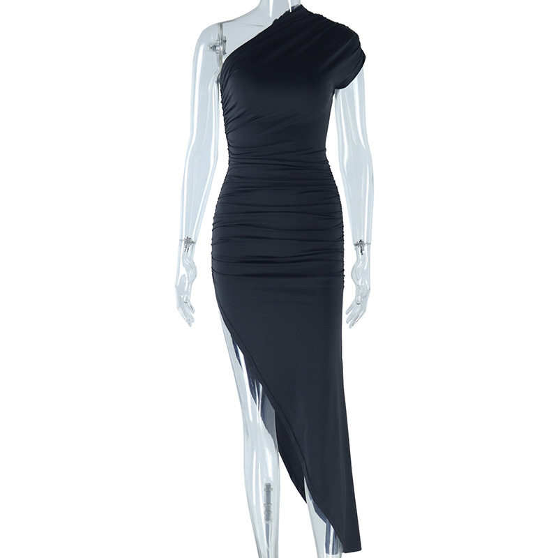 Black and White Color Block Asymmetrical Maxi Dress Short Sleeve Off Shoulder Pleated Design Casual or Evening Wear