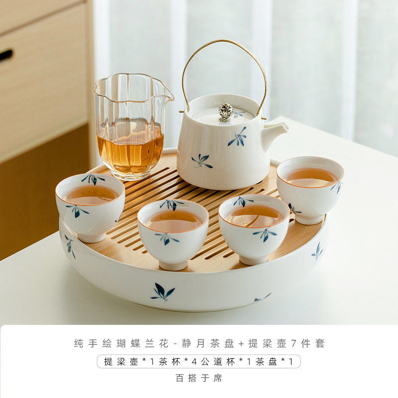 純手描き蝶蘭-静月茶盤 + 梁壺7点セット
