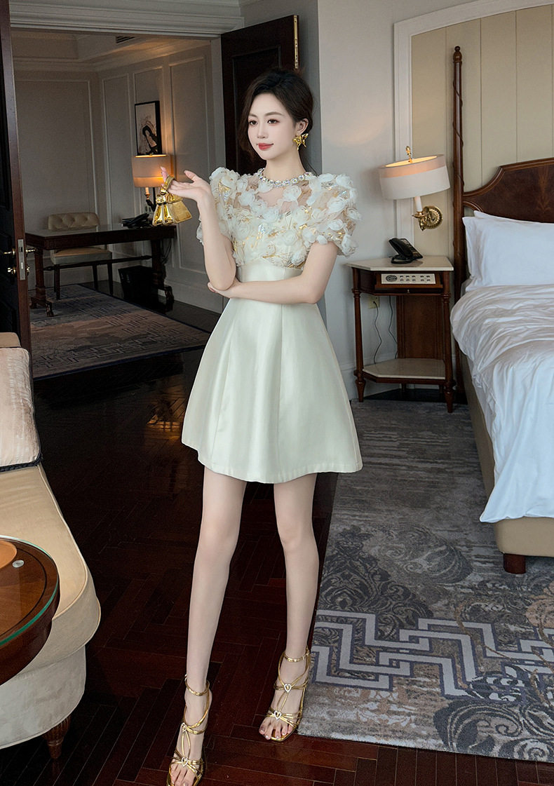 Đầm suông midi tay bồng cổ tròn phong cách Pháp họa tiết hoa — [Màu hồng đào] chi tiết 5