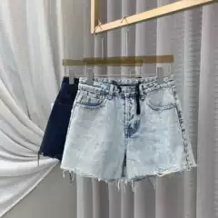 Special Discount! House Wang Rhinestone Letter Decoration with Raw Edge High Waist Slim Denim Shorts for Women