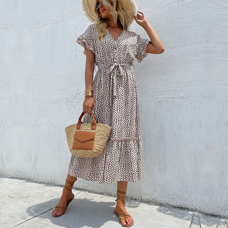 Summer Fashion Leopard Print Midi Dress for Women Short Sleeve Split Design Trendy Style Perfect for Casual Outings
