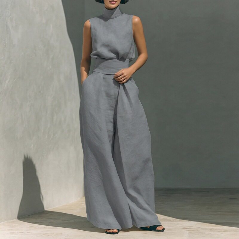 Womens Spring Outfit Set Elegant Solid Color High Neck Sleeveless Straight Leg Pants Perfect for Casual or