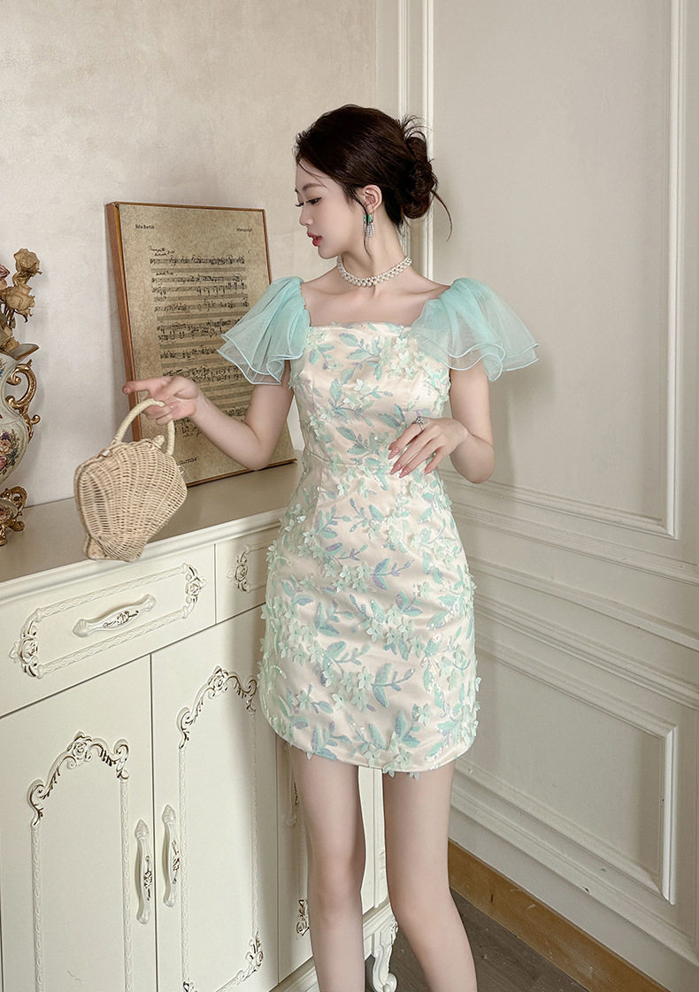 Đầm midi suông tay bồng cổ vuông phong cách Pháp cho nữ teen — [Xanh lá] chi tiết 4