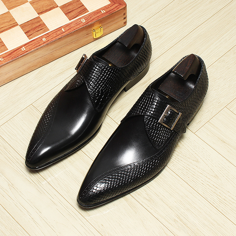 Giày da nam mũi nhọn khóa cài kiểu monk strap thanh lịch — Màu đen, Màu nâu đỏ