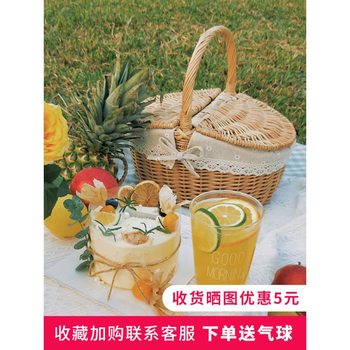 Picnic Basket ins Internet Celebrity Small Bamboo Basket Spring Tour Basket Equipment Supplies Park Picnic Photo Props Rattan Storage