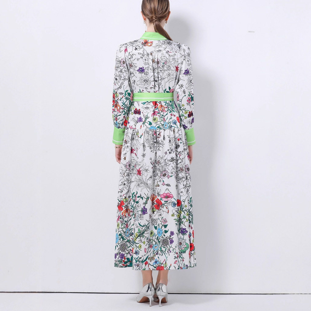 Vintage Elegant Printed Maxi Dress for Women Autumn Style Tie Waist Button Front Flared Skirt Wholesale Available