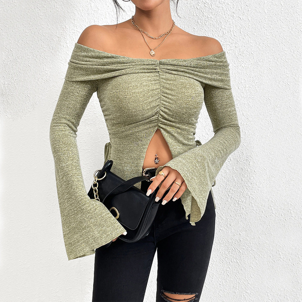Off Shoulder Knit Top Long Sleeve Bell Sleeve Split Design Fall Winter Fashion for Women Wholesale Available