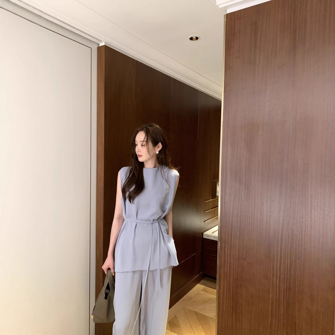Korean Retro Lace-Up Sleeveless Top for Women Summer New Style + High-Waist Slim Loose Casual Pants Korean Style Two-Piece Set