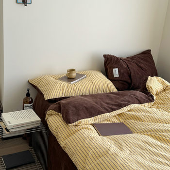 Scandinavian Style Pure Cotton Yarn-Dyed Milk Velvet Four-Piece Winter Stripesd Warm Bed Bed Sheets Quilt Cover Coral Velvet Three-Piece Set