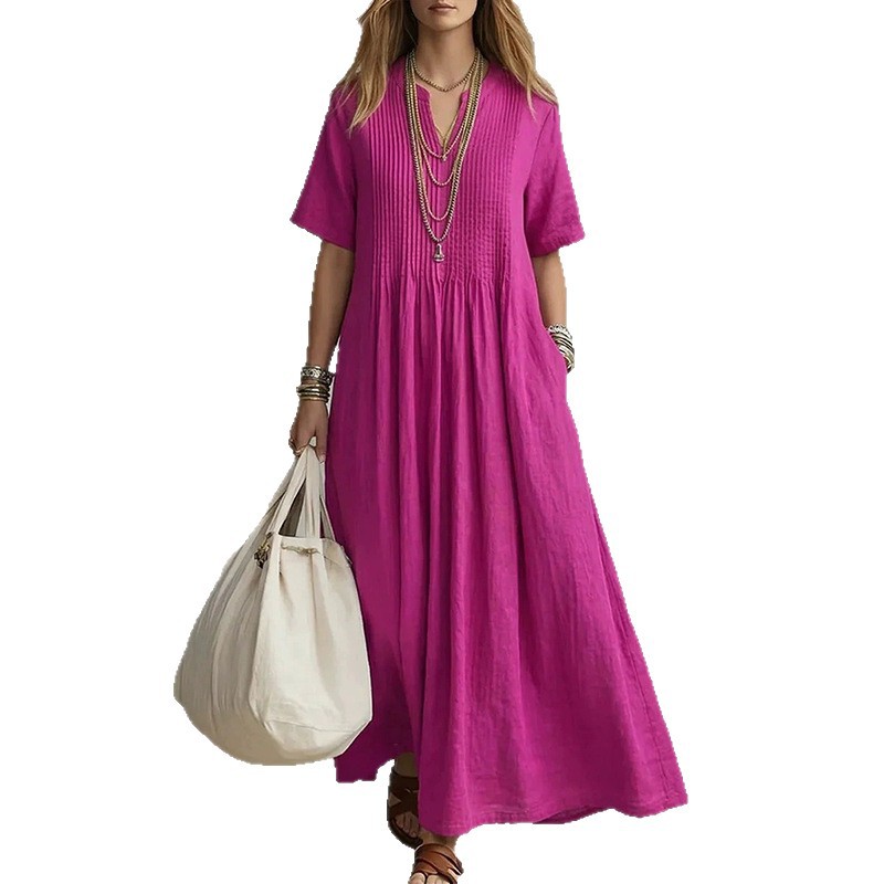 Casual Vacation Style Womens Maxi Dress Solid Color V Neck Long Sleeve Summer Collection Wholesale Available