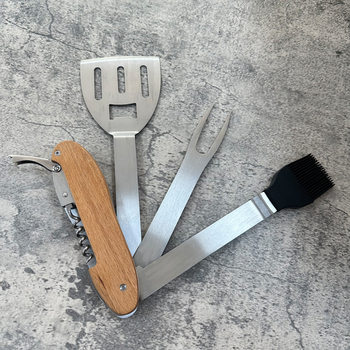 Stainless steel multi-functional BBQ fork oil brush shovel outdoor portable folding barbecue suit combination barbecue tools