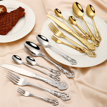 Cross-border Stainless Steel Knife and Fork Spoon Steak Knife and Fork Western Food Tableware Embossed Palace Palace Tableware suit Hotel Restaurant
