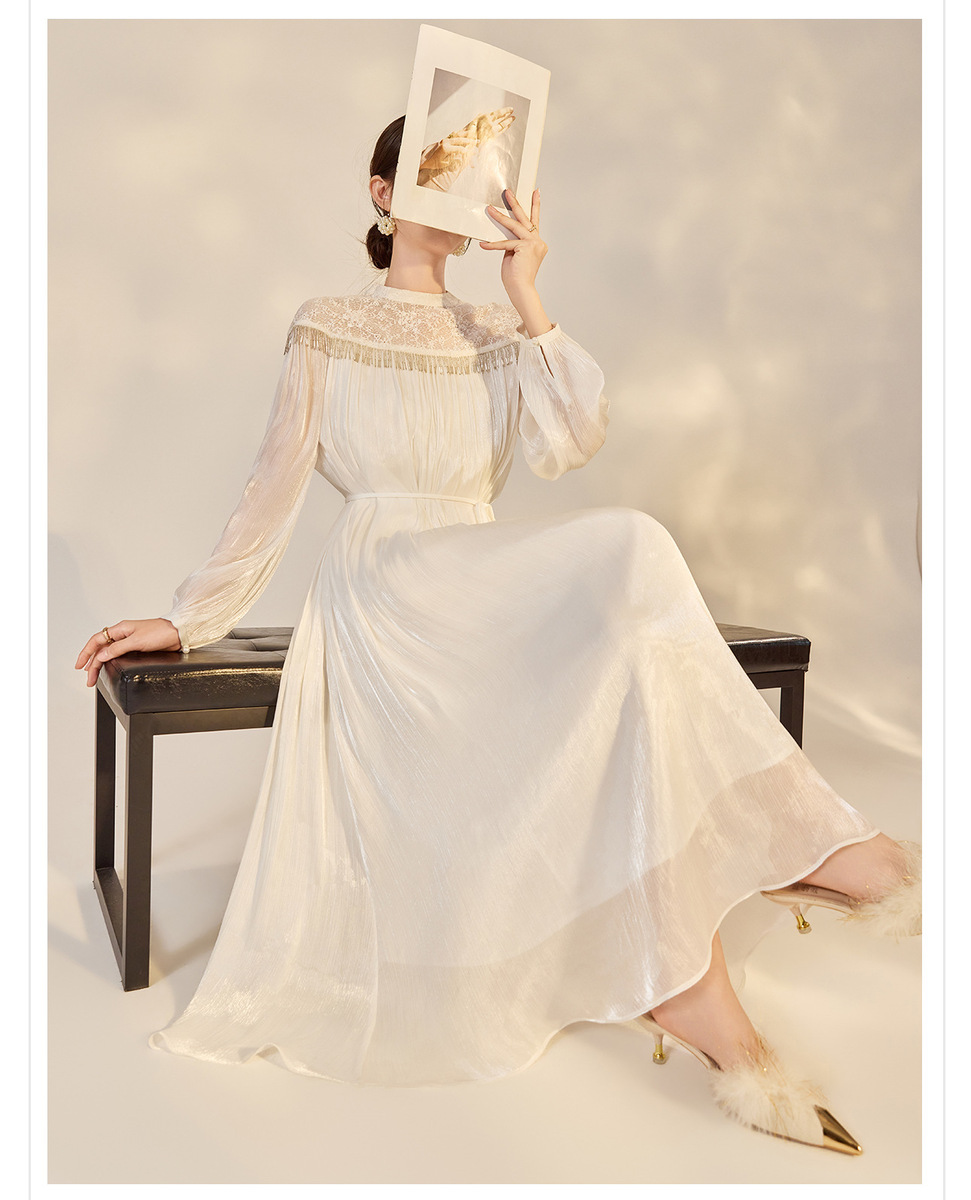 Đầm dài tay ren tua rua dáng xòe thanh lịch — Trắng lụa tuyết (giao hàng trong ngày), Trắng tuyết satin (giao hàng trong 7 ngày)