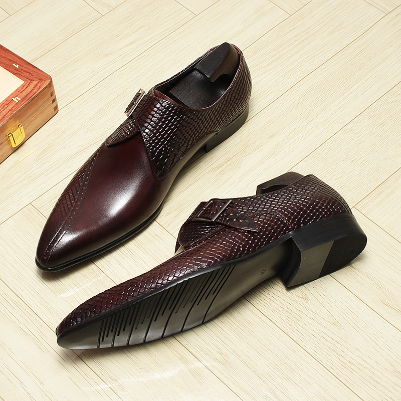 Giày da nam mũi nhọn khóa cài kiểu monk strap thanh lịch — Màu đen, Màu nâu đỏ
