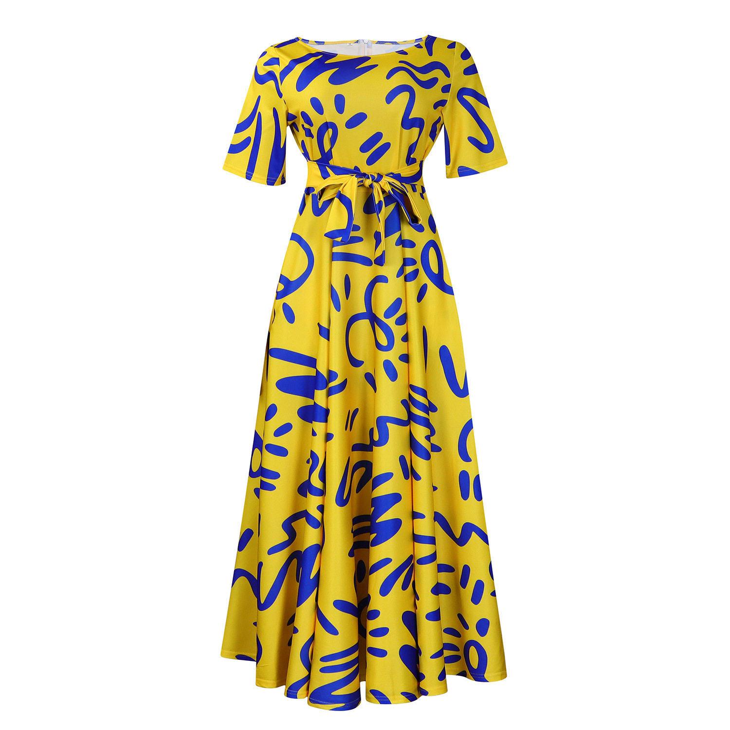 African Print Short Sleeve A Line Dress Stylish Elegant Tie Detail Perfect for Summer Events Wholesale Available
